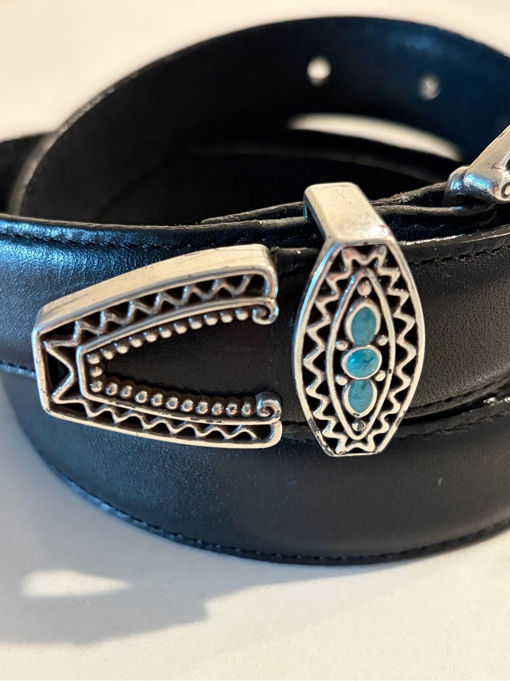 Brighton Black Leather Belt Silver Plate with  Turquoise Buckle XL/36 B30113 USA - Picture 3 of 7